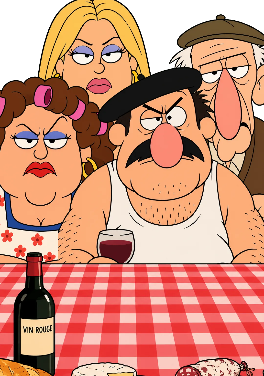 The family at the dinner table: Monique in hair rollers, Gérard in his beret, Chloé with her phone, Papy René with his glass of red