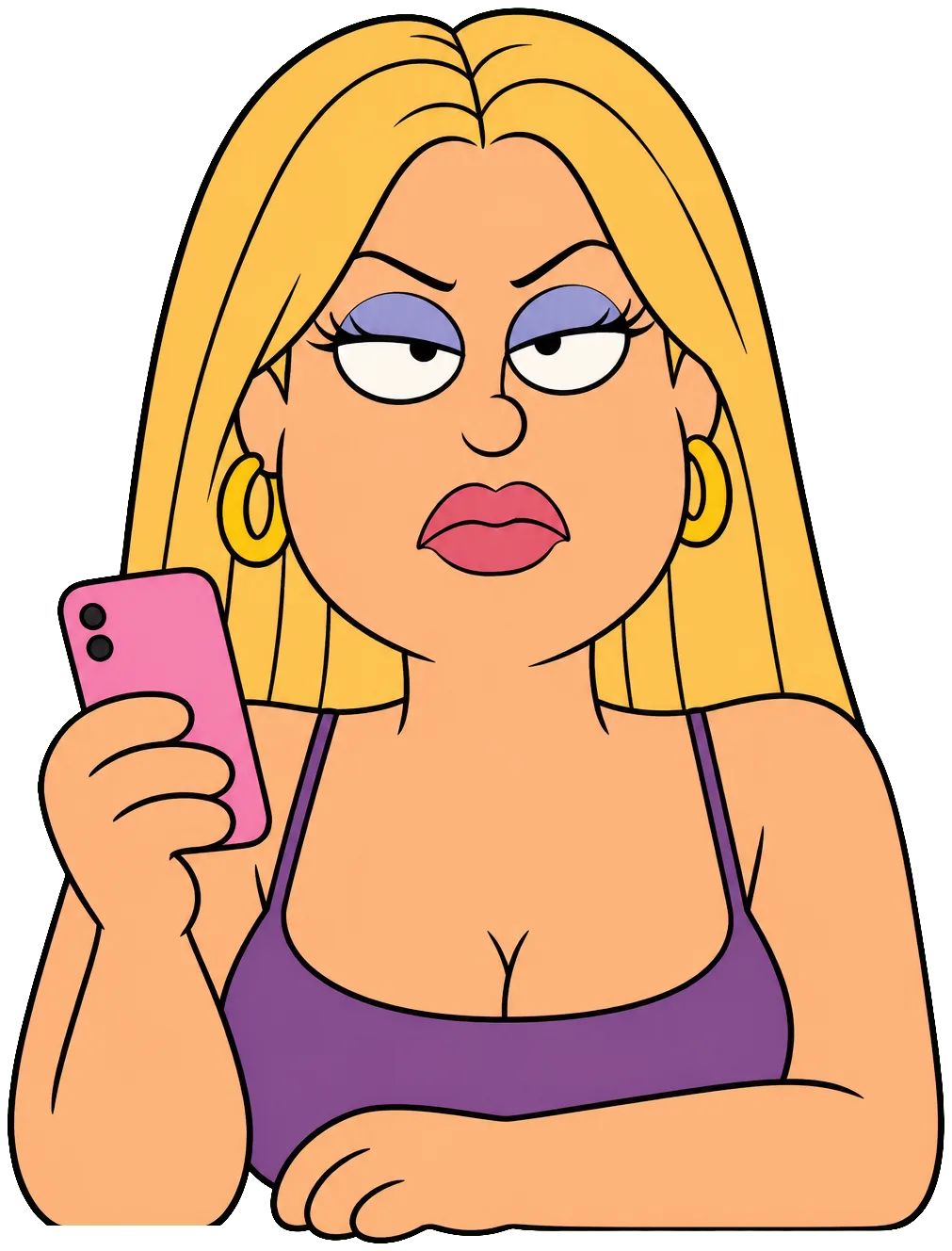 Chloé, long blond hair, bored, her pink phone in hand