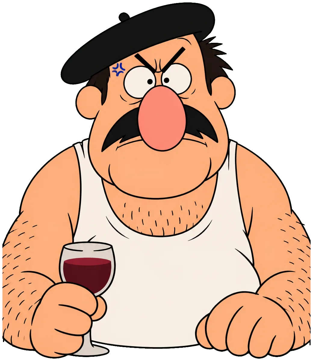 Gérard, beret and huge red nose, furious