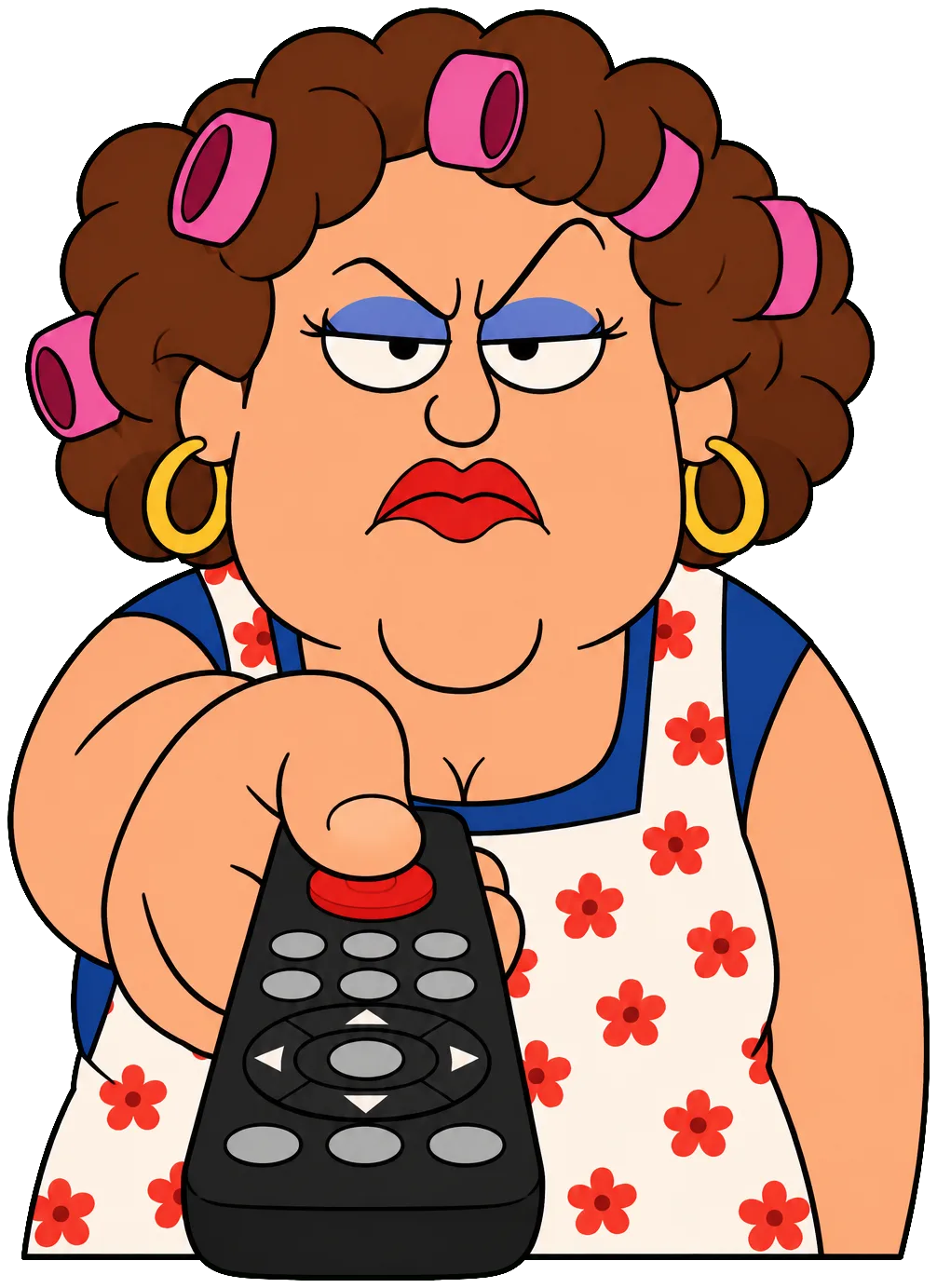 Monique pointing a TV remote at the viewer
